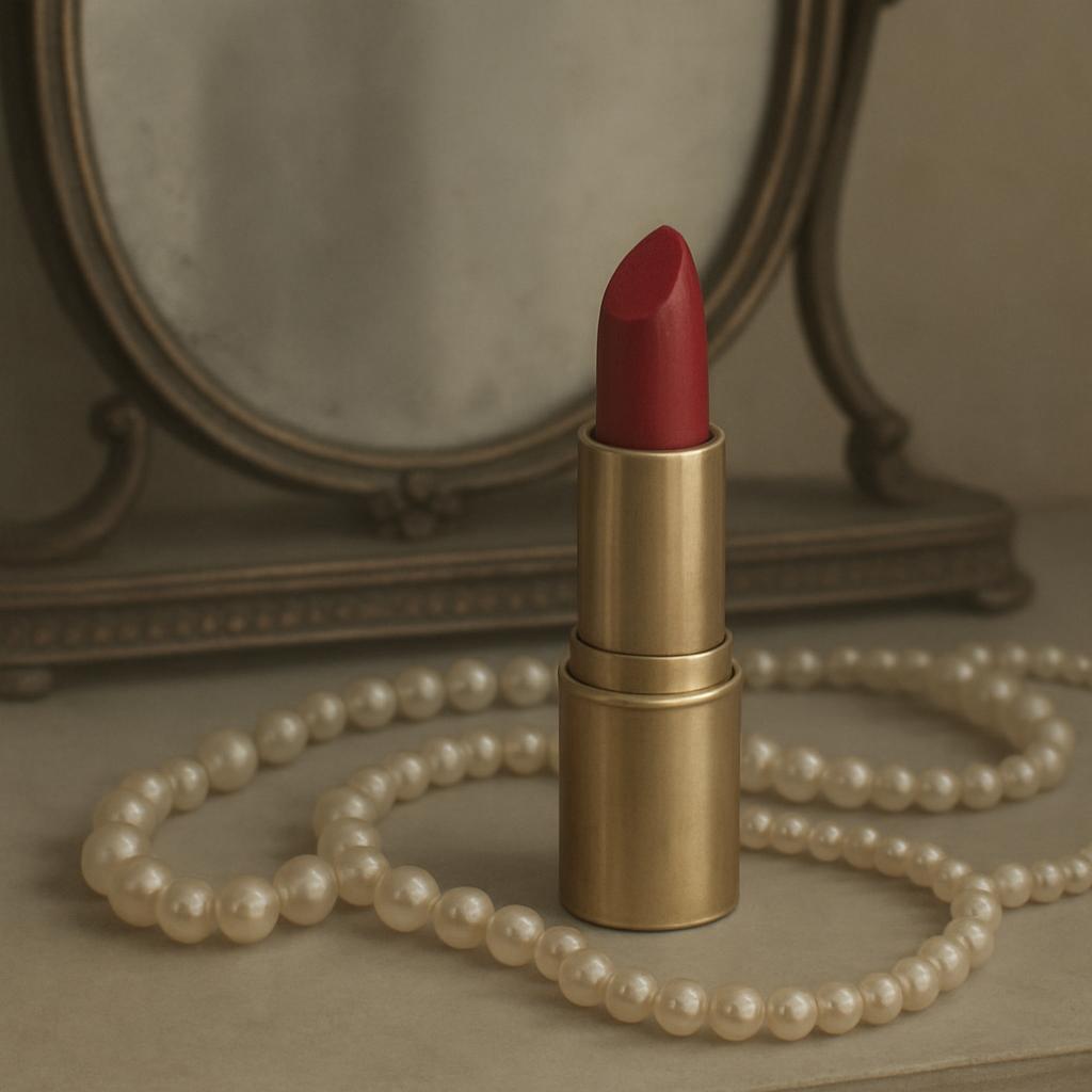 The image is a minimalist setup featuring a lipstick and pearl necklace. **Long Description:** **Reflection of mirror in t...